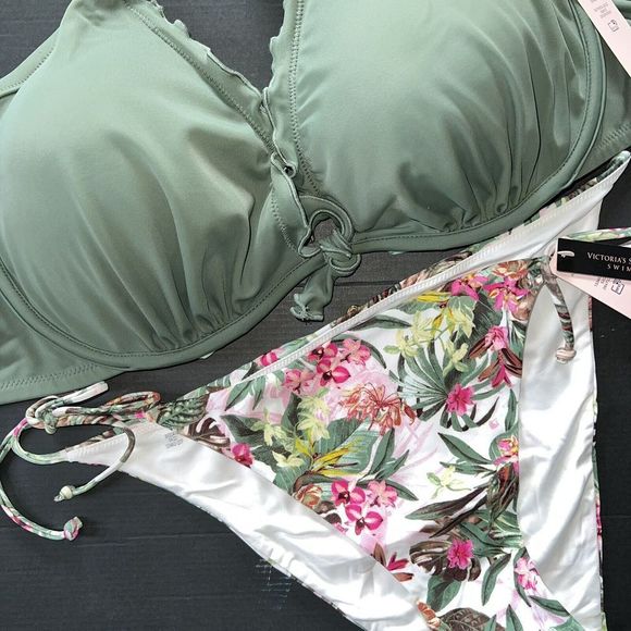 Victoria's Secret 36DD BIKINI M,XXL bottom OLIVE GREEN BLACK pink PALM orchid - Picture 4 of 5